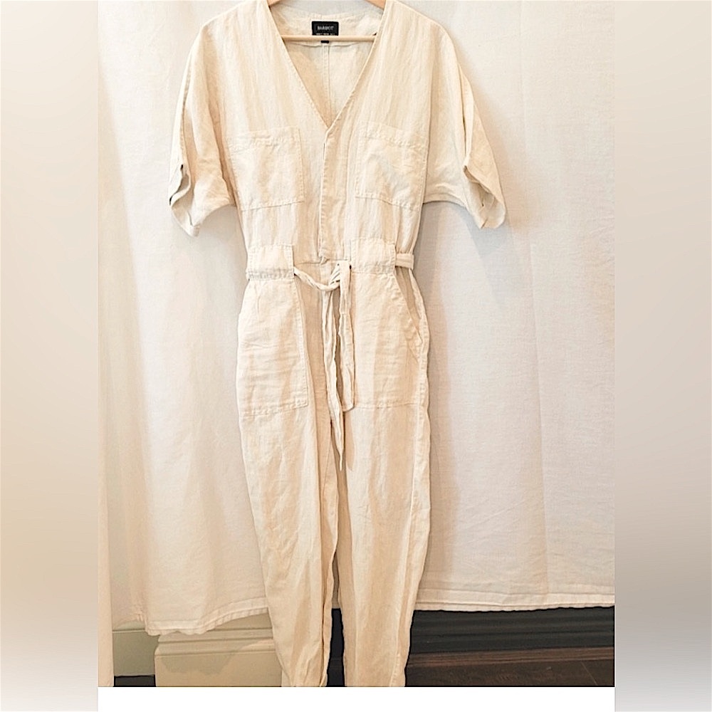 $150 XS/S BARDOT Belted Linen Utility Cream Jumpsuit waist 13” (US2)